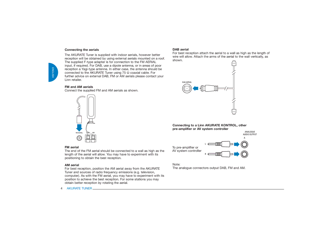 Linn FM/AM/DAB TUNER owner manual Connecting the aerials, FM and AM aerials, DAB aerial 