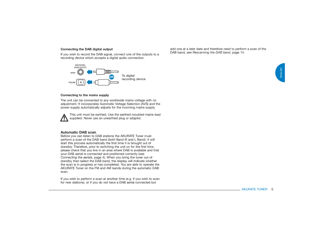 Linn FM/AM/DAB TUNER owner manual Automatic DAB scan, Connecting the DAB digital output, Connecting to the mains supply 