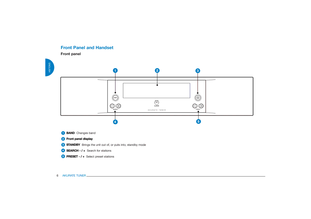 Linn FM/AM/DAB TUNER owner manual Front Panel and Handset, Front panel display 