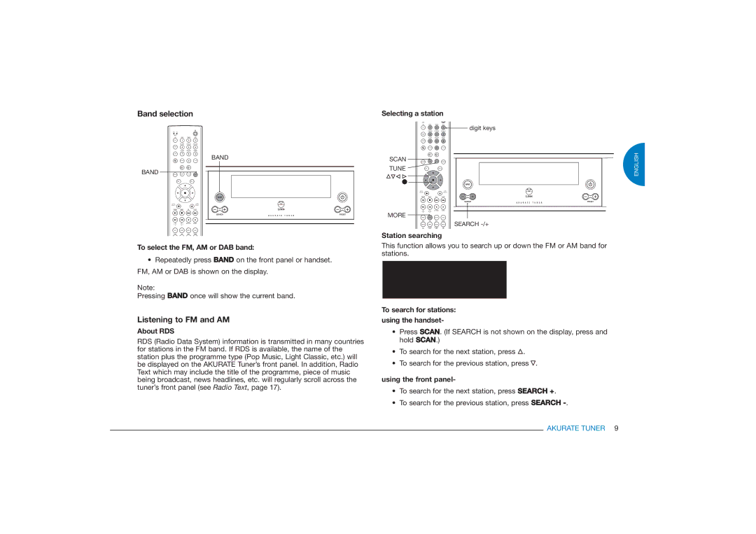 Linn FM/AM/DAB TUNER owner manual Band selection, Listening to FM and AM 