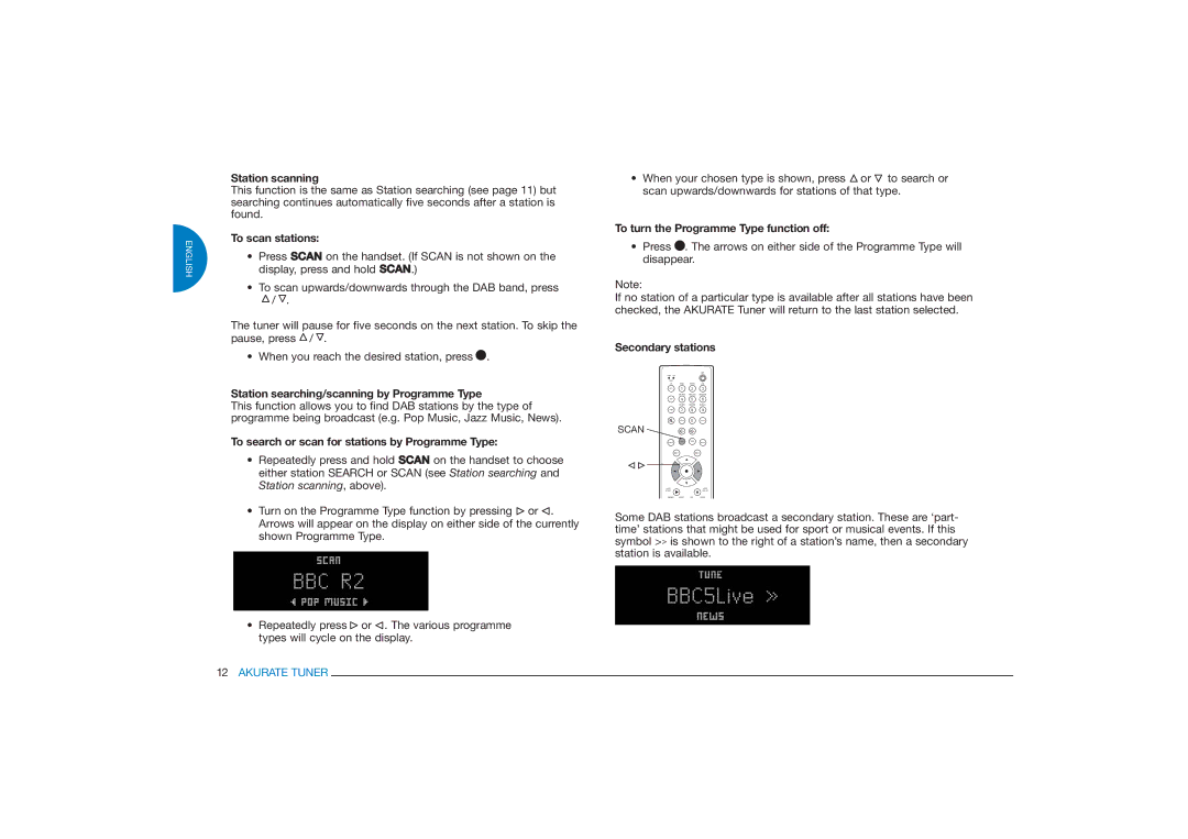 Linn FM/AM/DAB TUNER owner manual To scan stations, Station searching/scanning by Programme Type, Secondary stations 