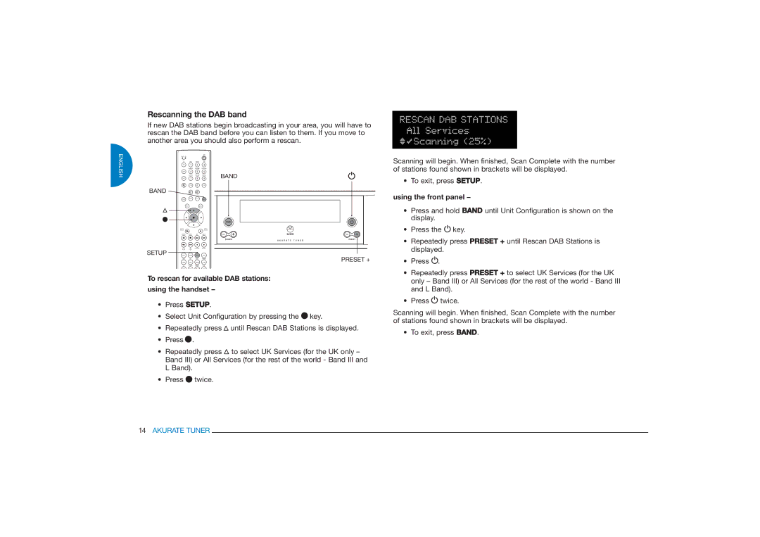 Linn FM/AM/DAB TUNER owner manual Rescanning the DAB band, To rescan for available DAB stations using the handset 