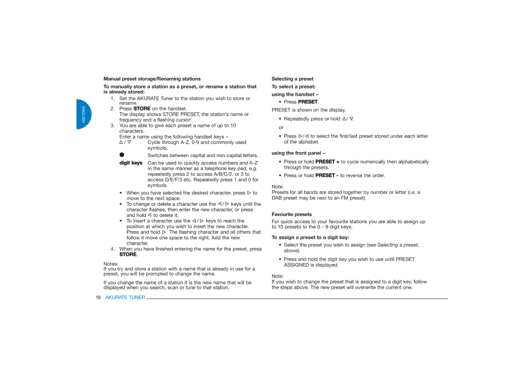 Linn FM/AM/DAB TUNER owner manual Selecting a preset To select a preset Using the handset, Favourite presets 