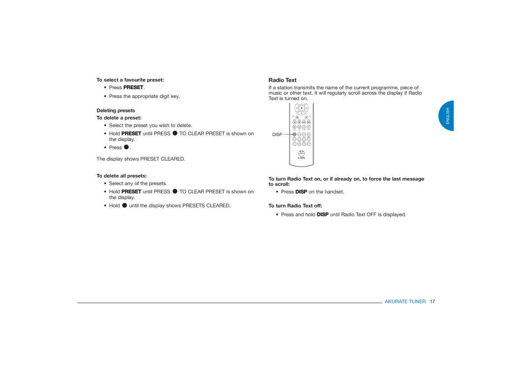 Linn FM/AM/DAB TUNER Radio Text, To select a favourite preset, Deleting presets To delete a preset, To delete all presets 