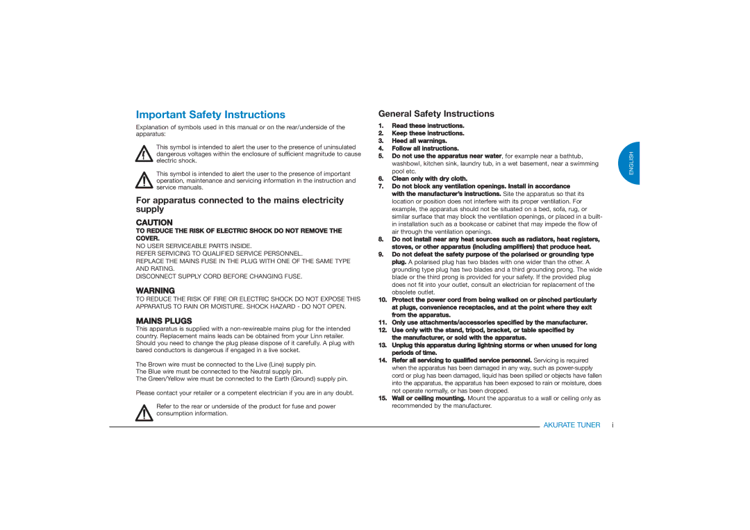 Linn FM/AM/DAB TUNER owner manual Important Safety Instructions, For apparatus connected to the mains electricity supply 