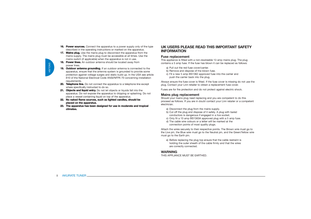 Linn FM/AM/DAB TUNER owner manual Fuse replacement, Mains plug replacement 