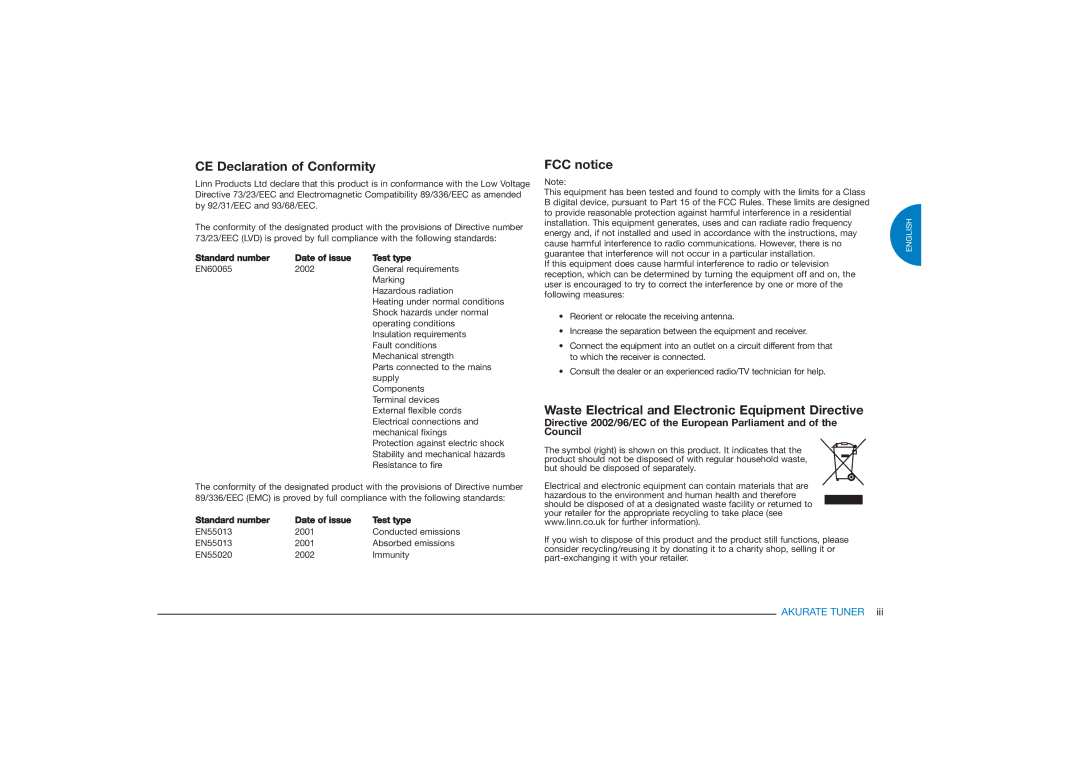 Linn FM/AM/DAB TUNER CE Declaration of Conformity, FCC notice, Waste Electrical and Electronic Equipment Directive 