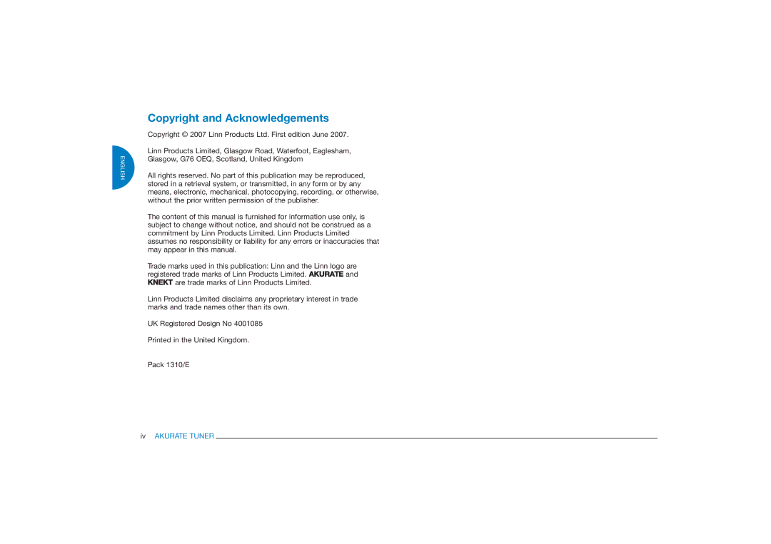 Linn FM/AM/DAB TUNER owner manual Copyright and Acknowledgements 