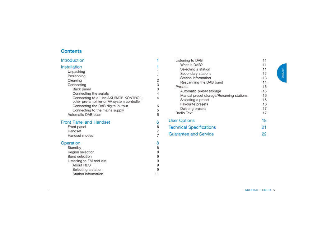 Linn FM/AM/DAB TUNER owner manual Contents 