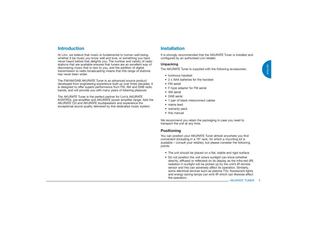 Linn FM/AM/DAB TUNER owner manual Introduction, Installation, Positioning, Unpacking 