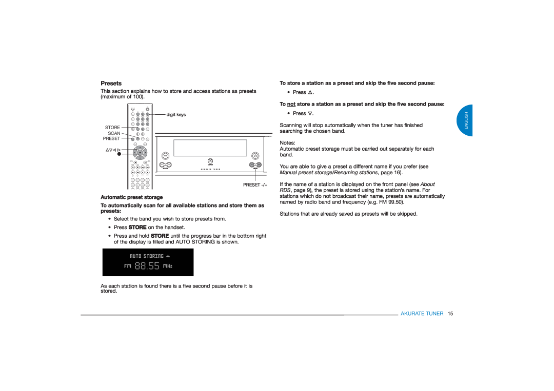 Linn FM/AM/DAB TUNER owner manual Presets, Automatic preset storage, Akurate Tuner 