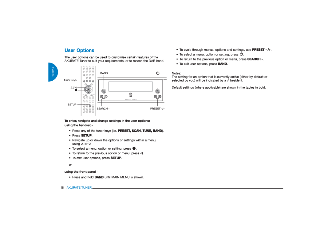 Linn FM/AM/DAB TUNER owner manual User Options, using the handset, using the front panel, 18AKURATE TUNER 