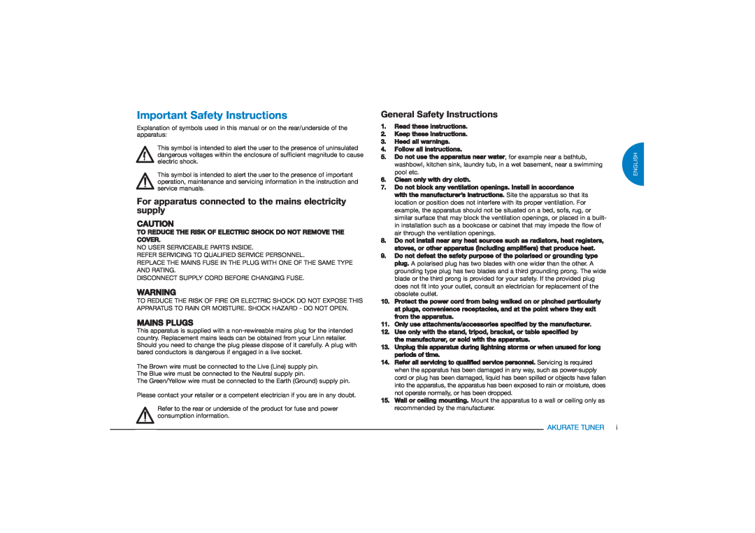 Linn FM/AM/DAB TUNER owner manual Important Safety Instructions, General Safety Instructions, Mains Plugs, Akurate Tuner 