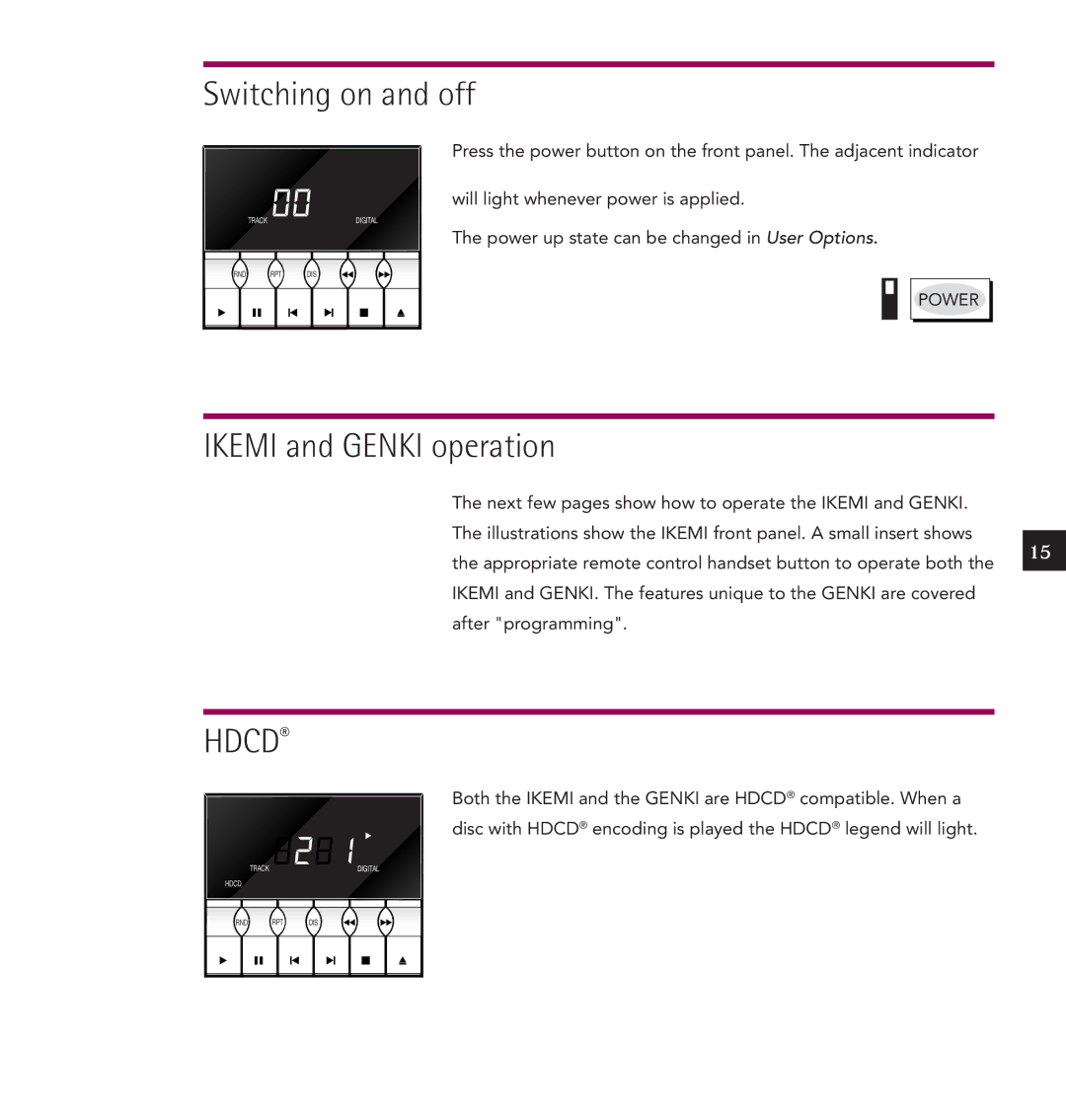 Linn IKEMI & GENKI owner manual Switching on and off, Ikemi and Genki operation 