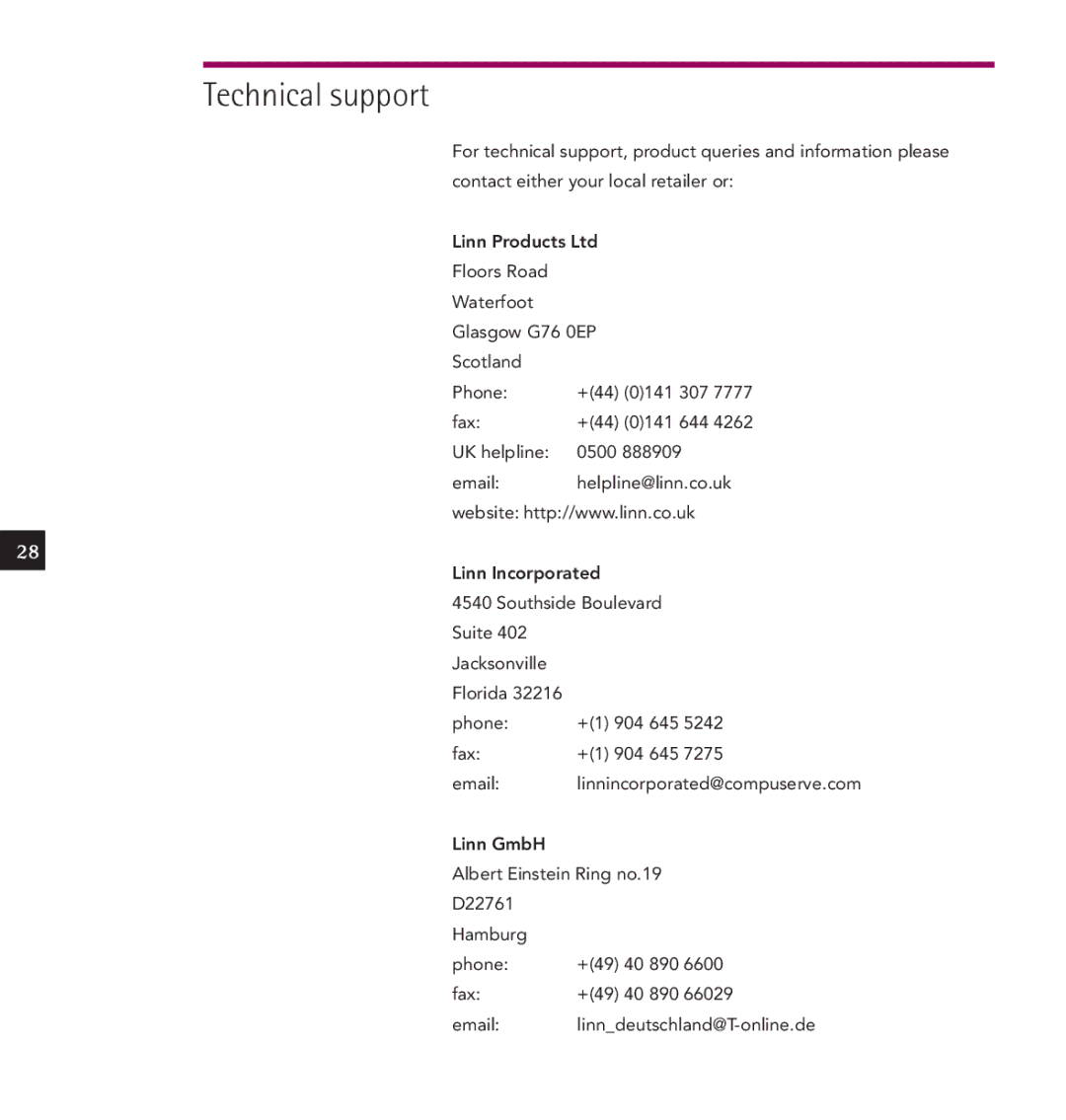 Linn IKEMI & GENKI owner manual Technical support 