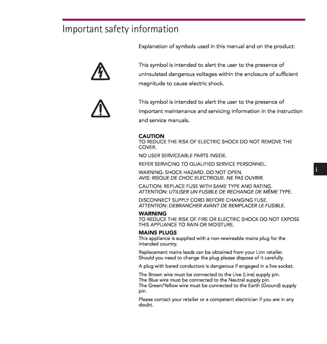 Linn IKEMI & GENKI owner manual Important safety information, Mains Plugs 