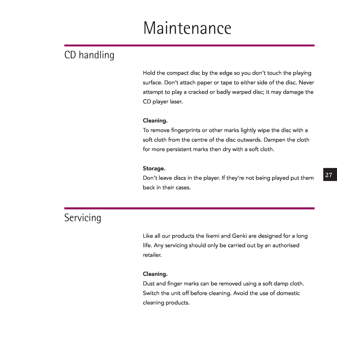 Linn IKEMI & GENKI owner manual Maintenance, CD handling, Servicing 