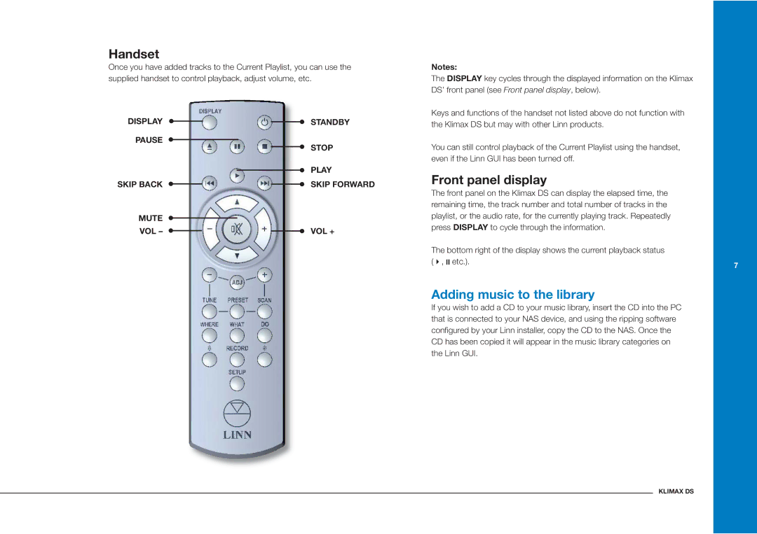 Linn Klimax DS owner manual Handset, Adding music to the library 