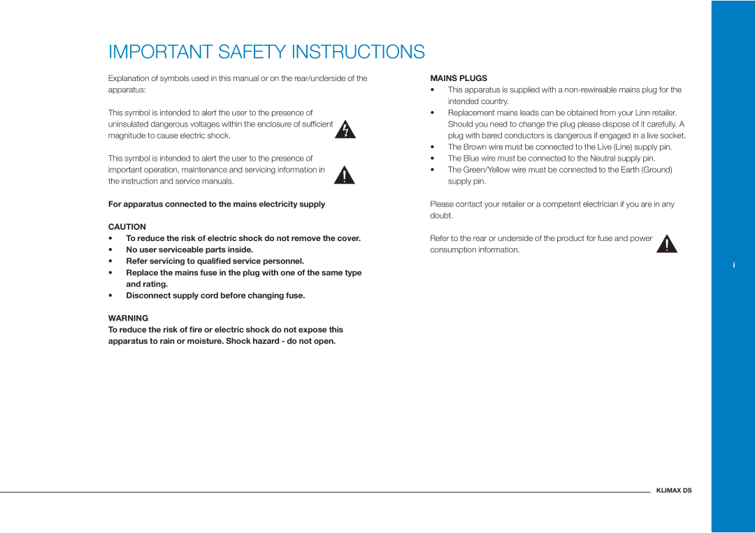 Linn Klimax DS owner manual Important Safety Instructions 