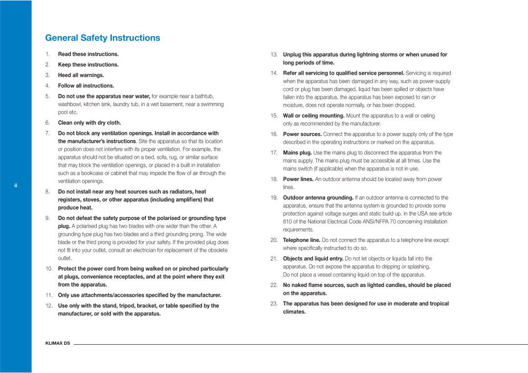 Linn Klimax DS owner manual General Safety Instructions 