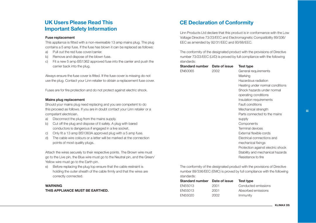 Linn Klimax DS UK Users Please Read This Important Safety Information, CE Declaration of Conformity, Fuse replacement 