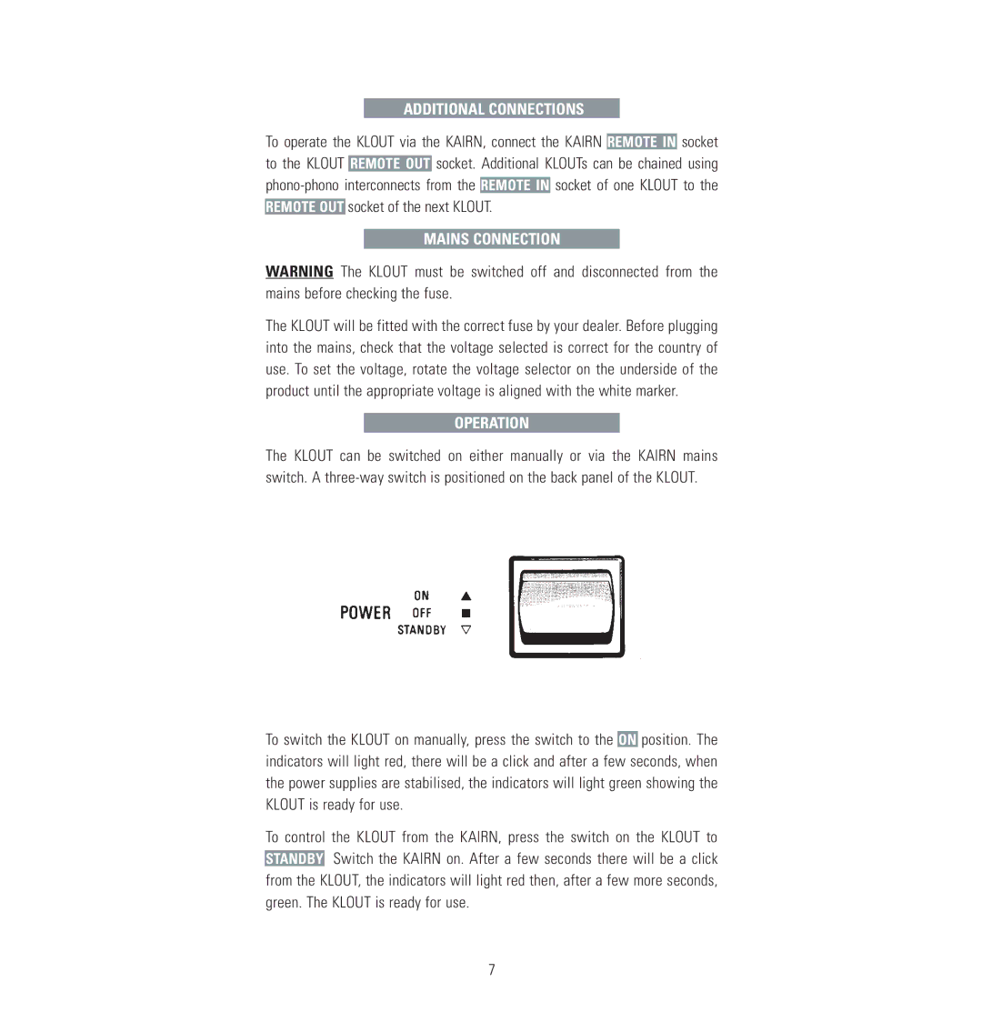 Linn Klout owner manual Additional Connections, Mains Connection, Operation 