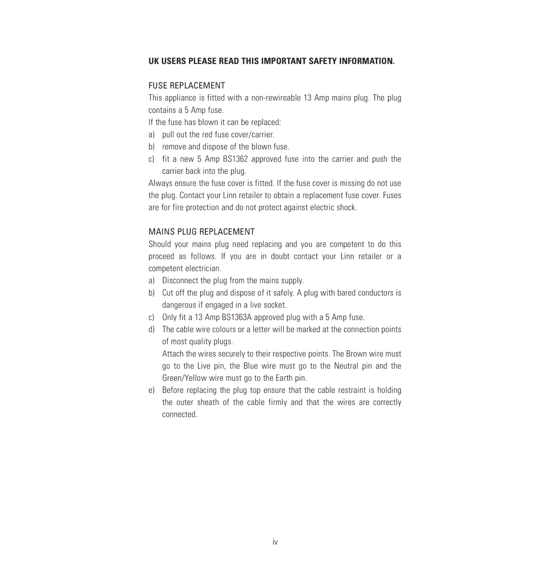 Linn Klout owner manual UK Users Please Read this Important Safety Information, Fuse Replacement 