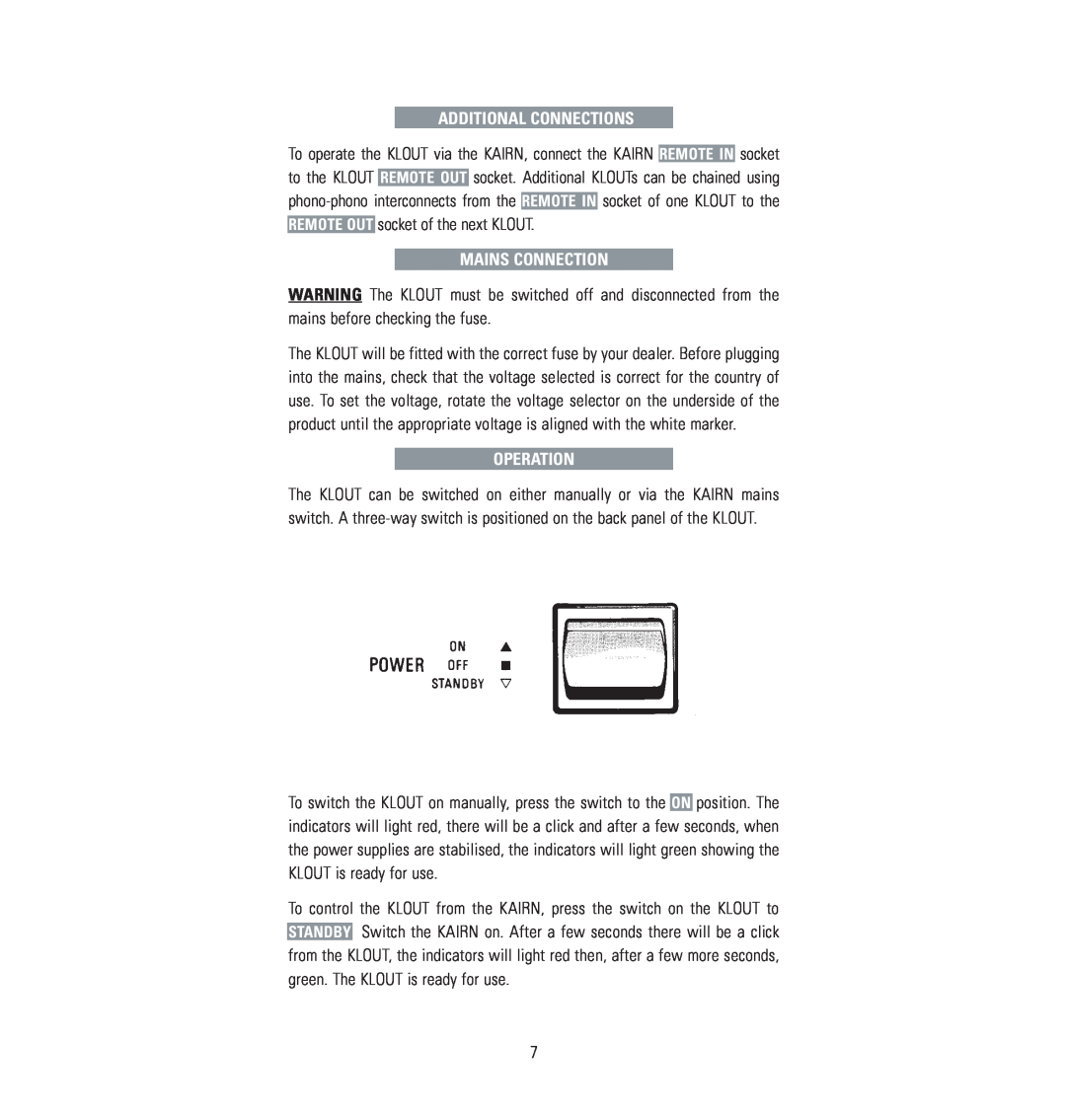 Linn Klout owner manual Additional Connections, Mains Connection, Operation 