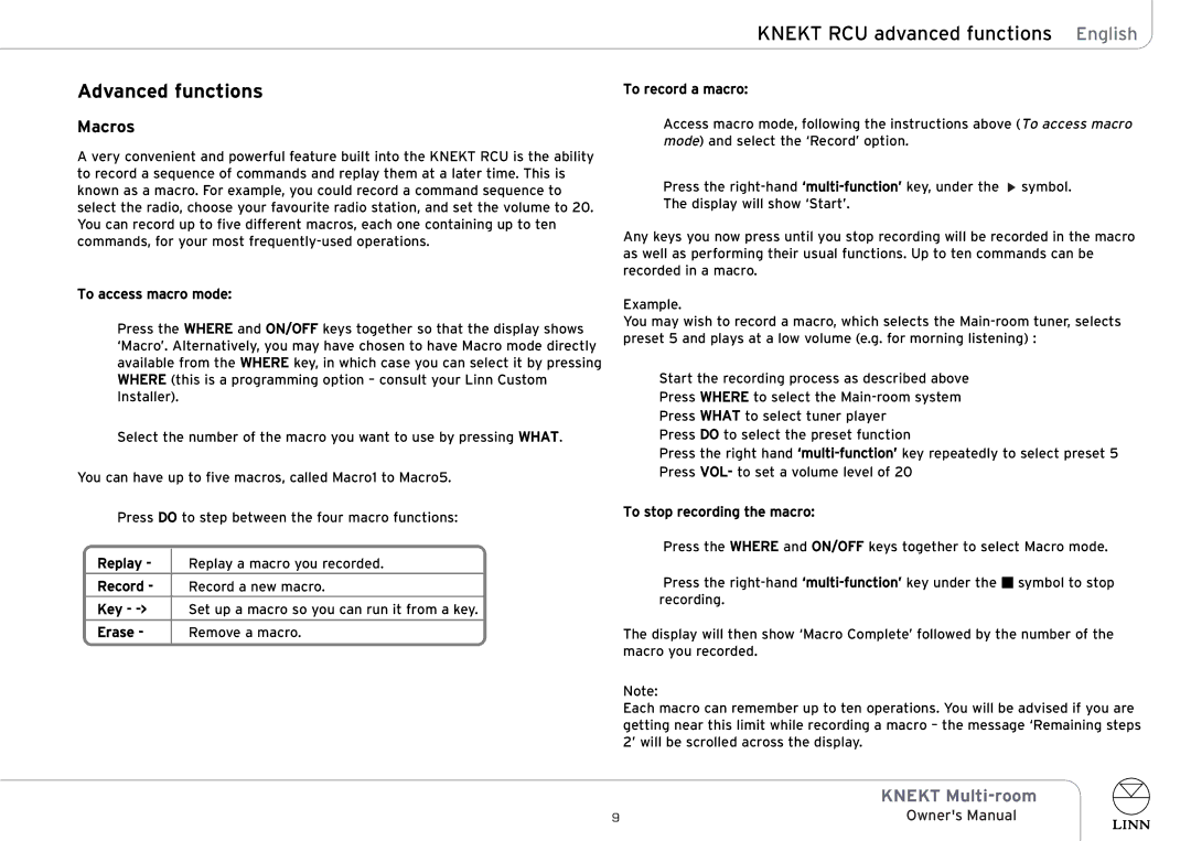 Linn KNEKT Multi-room owner manual Advanced functions, Macros 