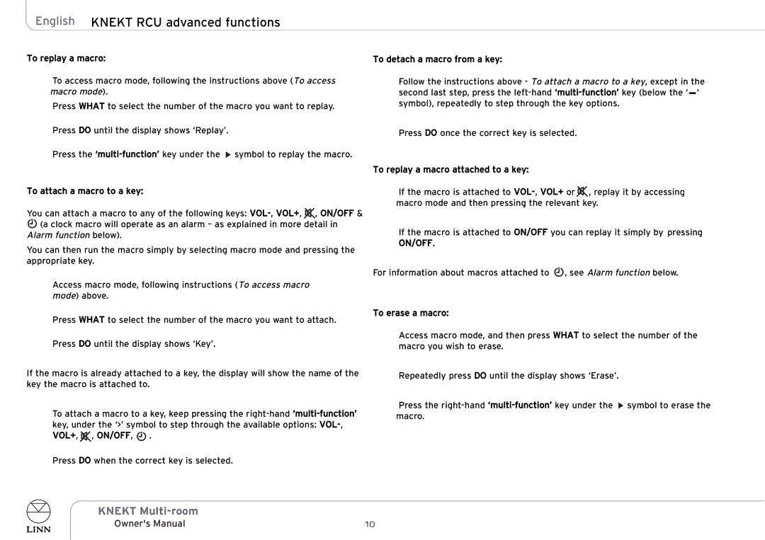 Linn KNEKT Multi-room owner manual English Knekt RCU advanced functions 
