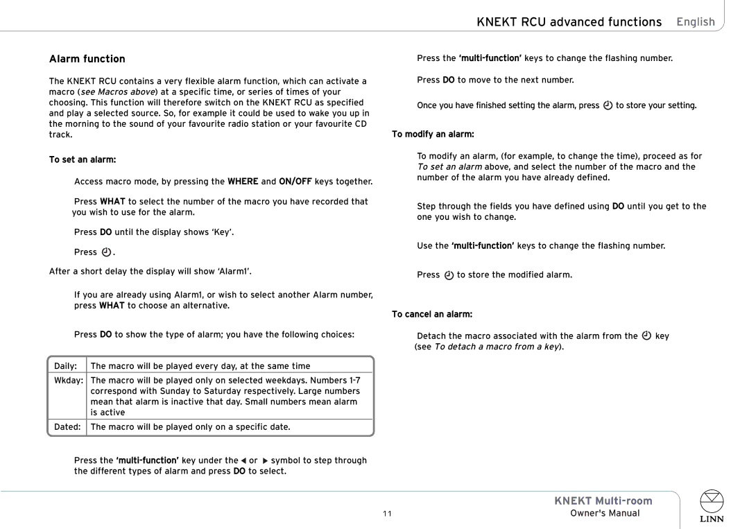 Linn KNEKT Multi-room owner manual Alarm function 