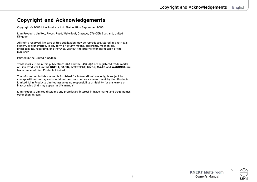 Linn KNEKT Multi-room owner manual Copyright and Acknowledgements 