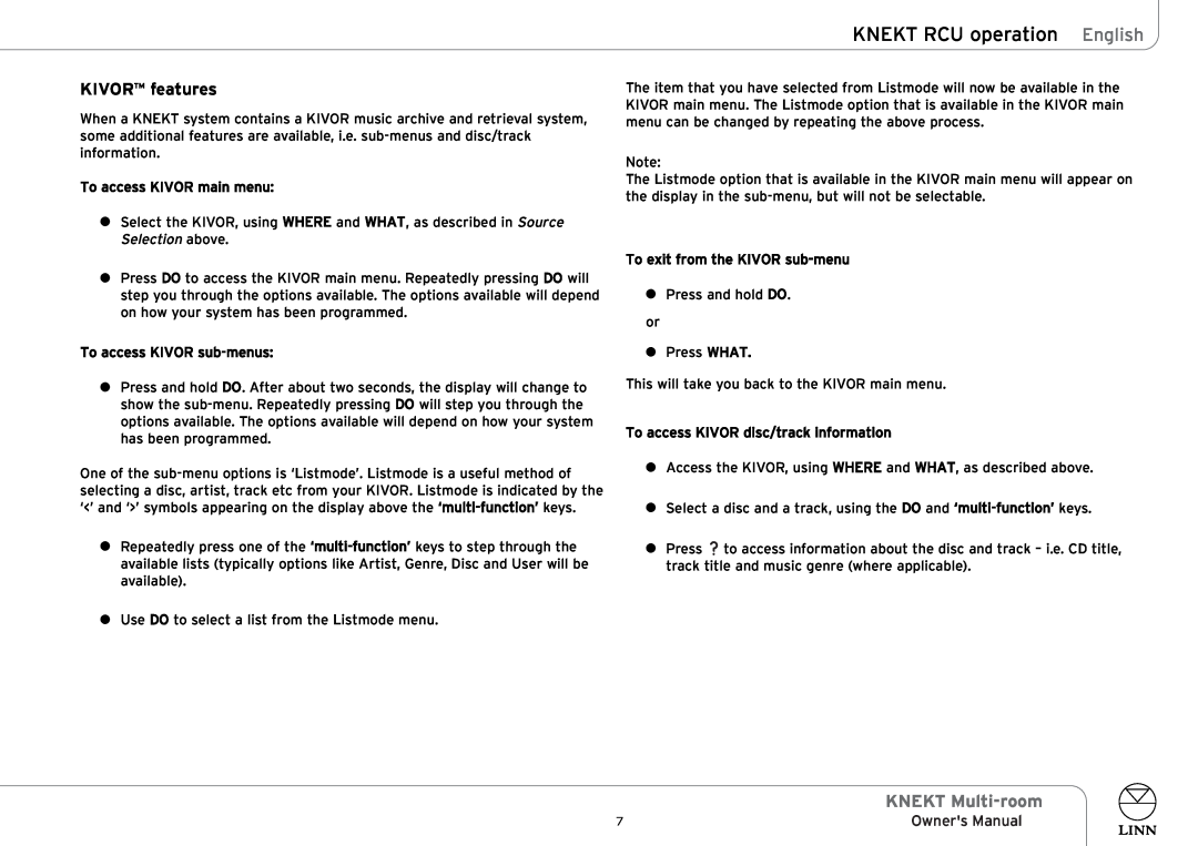 Linn KNEKT Multi-room owner manual KIVOR features, KNEKT RCU operation English 