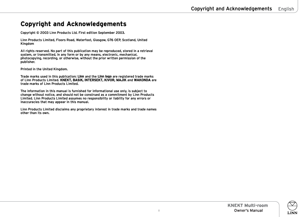 Linn KNEKT Multi-room owner manual Copyright and Acknowledgements English 