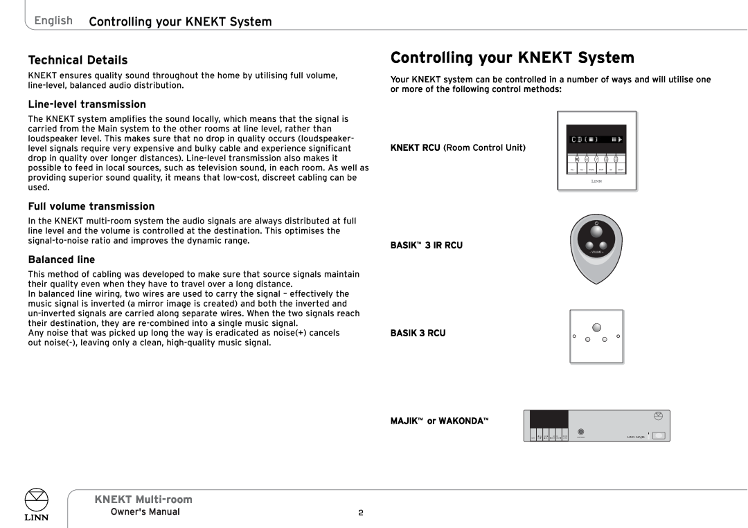 Linn KNEKT Multi-room English Controlling your KNEKT System, Technical Details, Line-leveltransmission, Balanced line 
