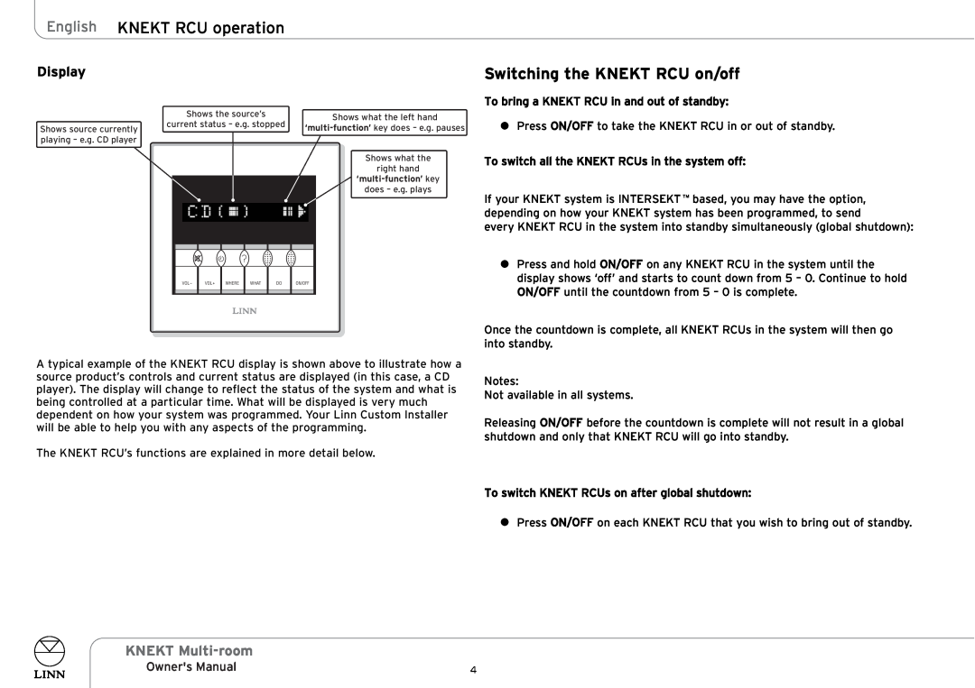 Linn KNEKT Multi-room owner manual English KNEKT RCU operation, Switching the KNEKT RCU on/off, Display 
