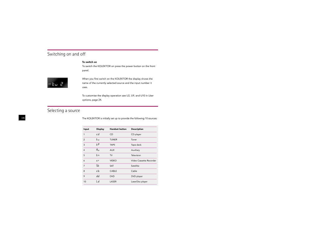 Linn Kolektor owner manual Switching on and off, Selecting a source, To switch on, Input Display Handset button Description 