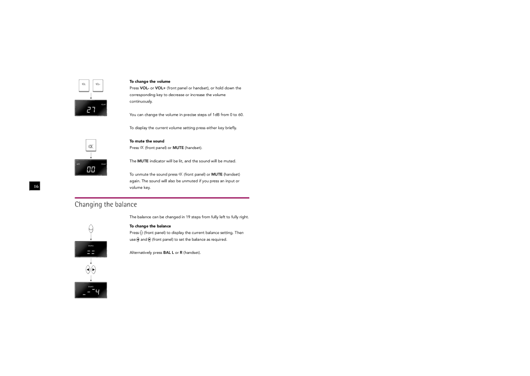 Linn Kolektor owner manual Changing the balance, To change the volume, To mute the sound, To change the balance 