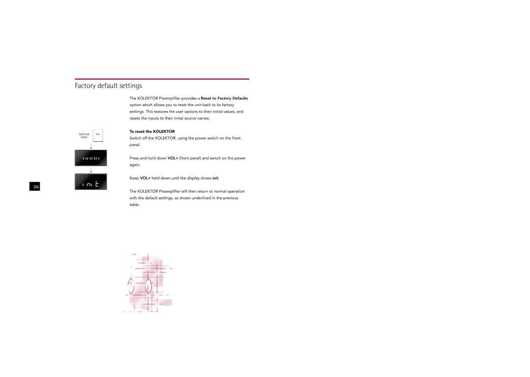 Linn owner manual Factory default settings, To reset the Kolektor 