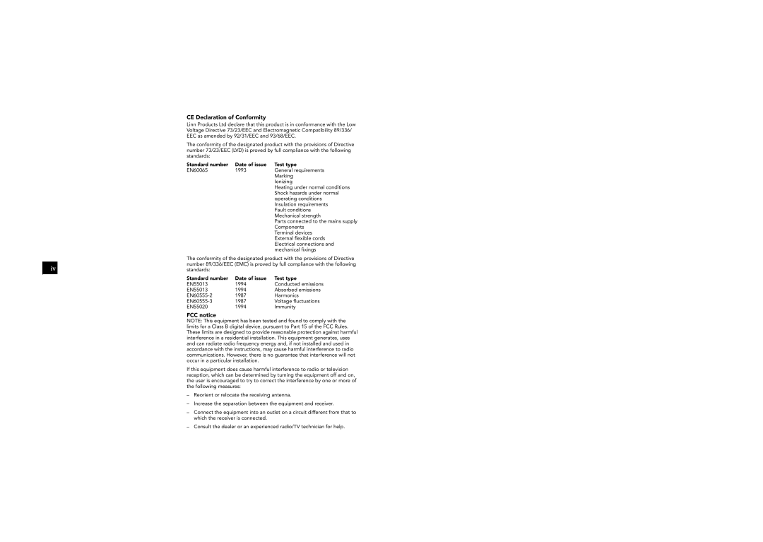 Linn Kolektor owner manual CE Declaration of Conformity, FCC notice, Standard number Date of issue Test type 