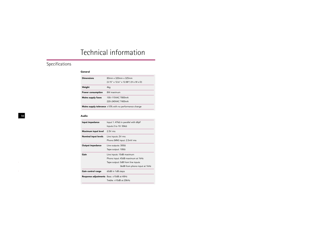 Linn Kolektor owner manual Technical information, Specifications, General, Audio 