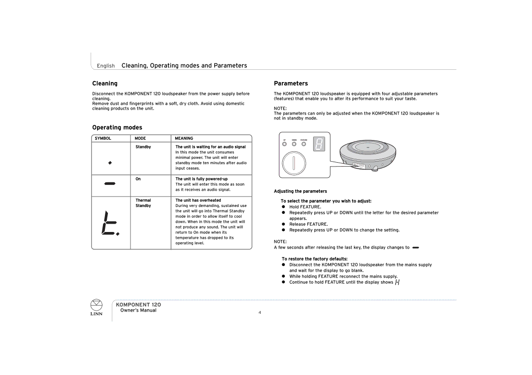 Linn KOMPONENT 120 owner manual English Cleaning, Operating modes and Parameters, Symbol Mode Meaning 