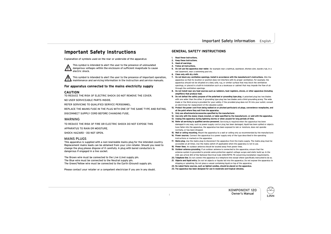 Linn KOMPONENT 120 owner manual Important Safety Instructions, Important Safety Information English 