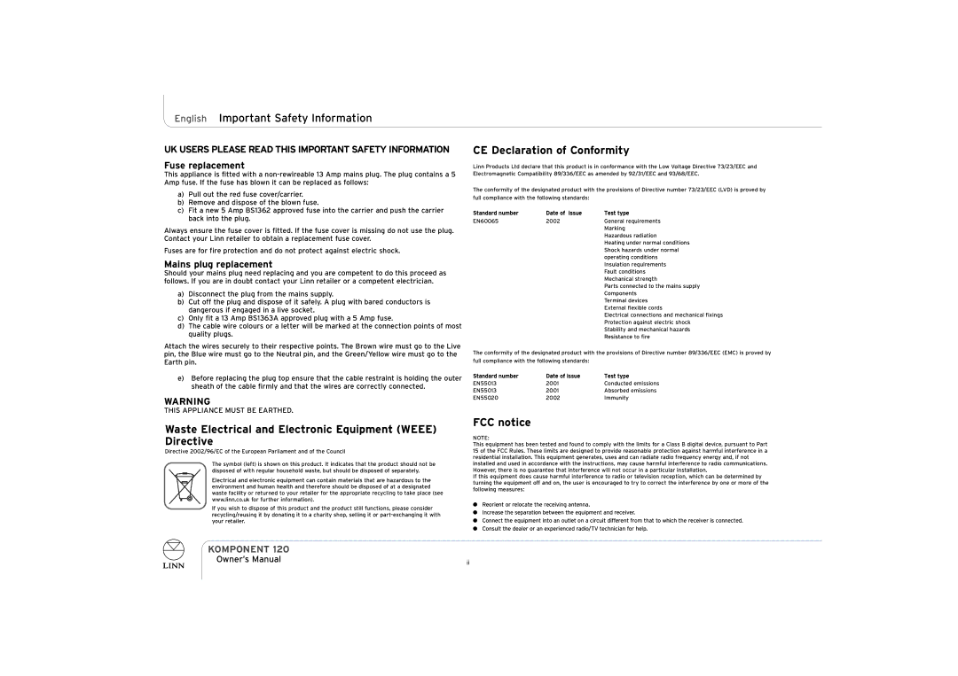 Linn KOMPONENT 120 English Important Safety Information, Waste Electrical and Electronic Equipment Weee Directive 