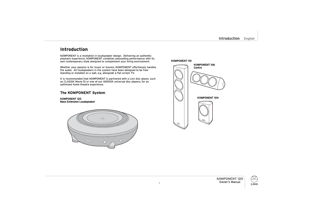 Linn KOMPONENT 120 owner manual Komponent System, Introduction English 