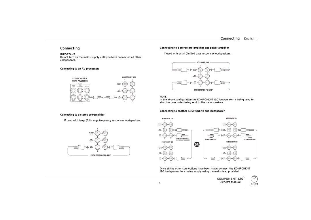 Linn KOMPONENT 120 owner manual Connecting English 