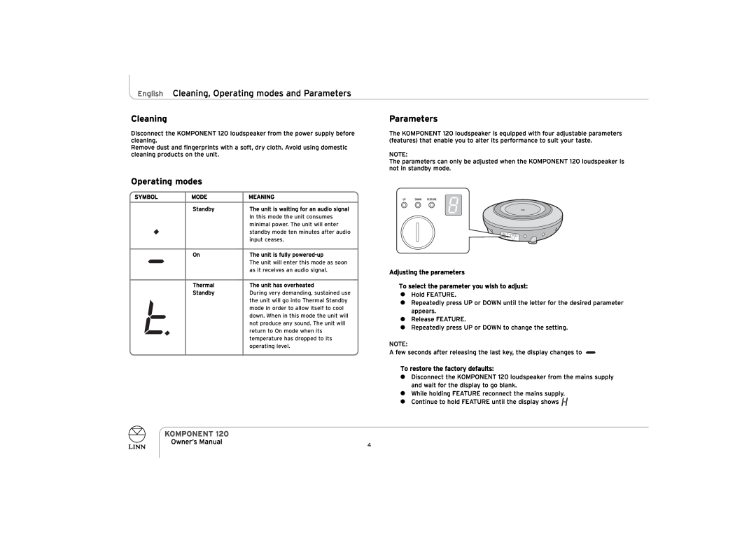 Linn KOMPONENT 120 owner manual English Cleaning, Operating modes and Parameters, Komponent 