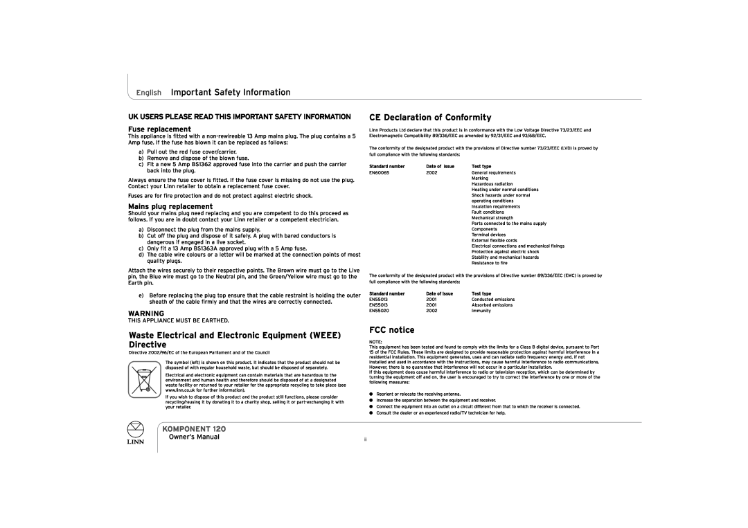 Linn KOMPONENT 120 English Important Safety Information, CE Declaration of Conformity, FCC notice, Fuse replacement 