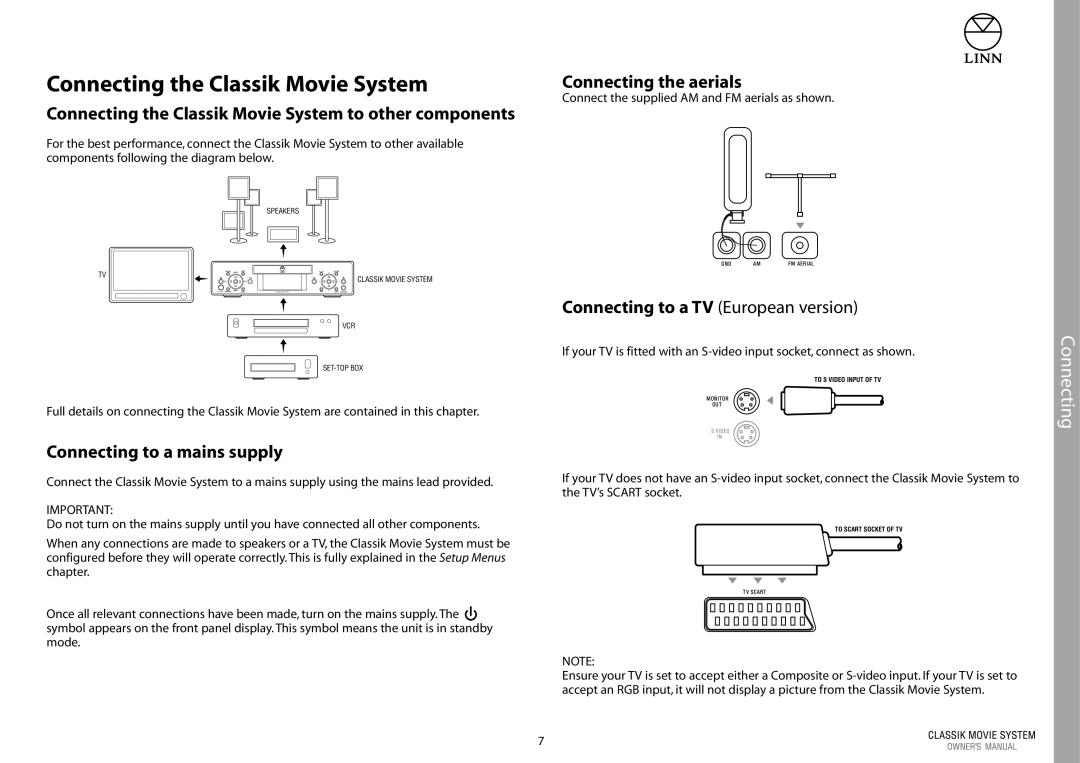 Linn Linn Classic Movie System Connecting the Classik Movie System, Connecting the aerials, Connecting to a mains supply 