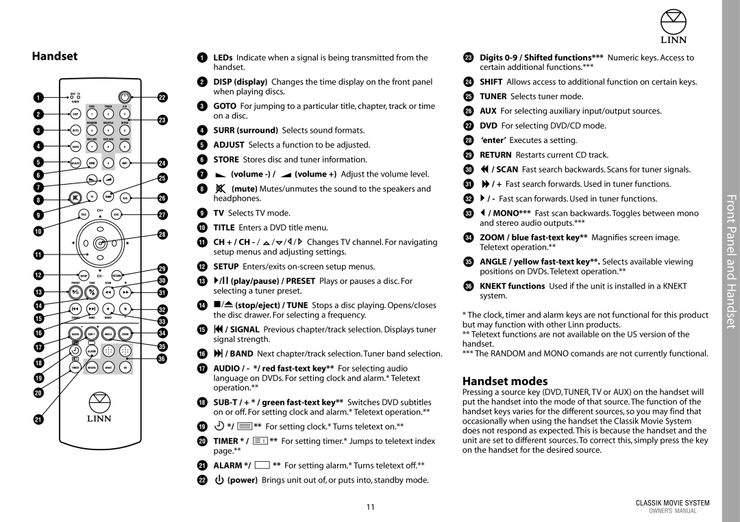 Linn Linn Classic Movie System manual Handset modes, Volume / volume + Adjust the volume level 